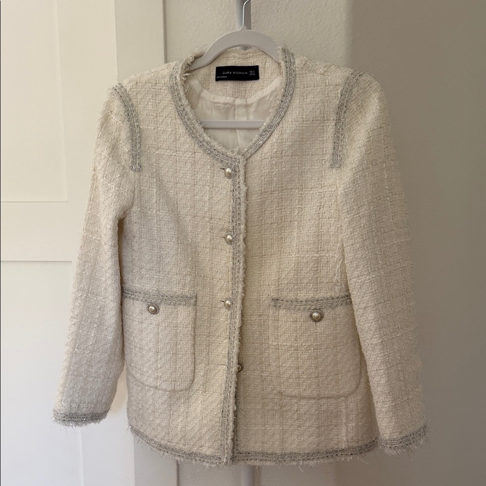 Zara Cream Tweed Pearl-Button Jacket